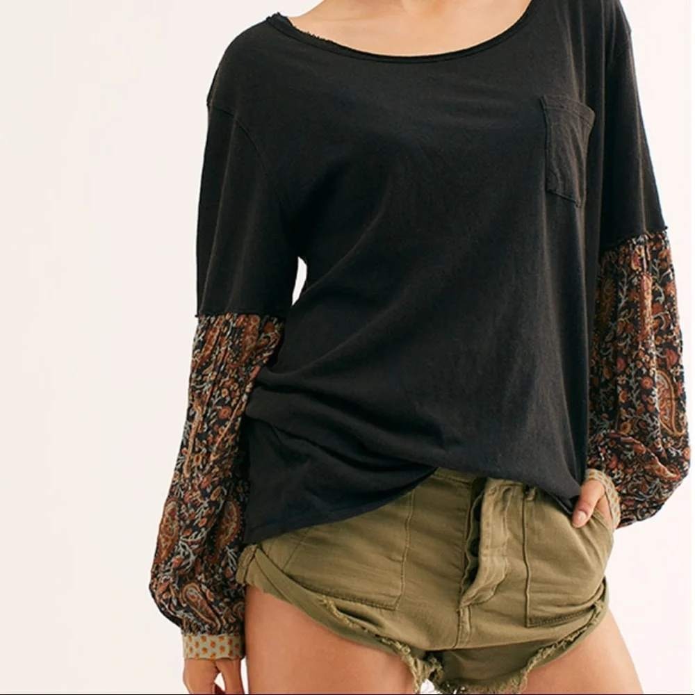 Free People WTF Top Oversized XS Black Boho Paisley Mixed Media Balloon Sleeve